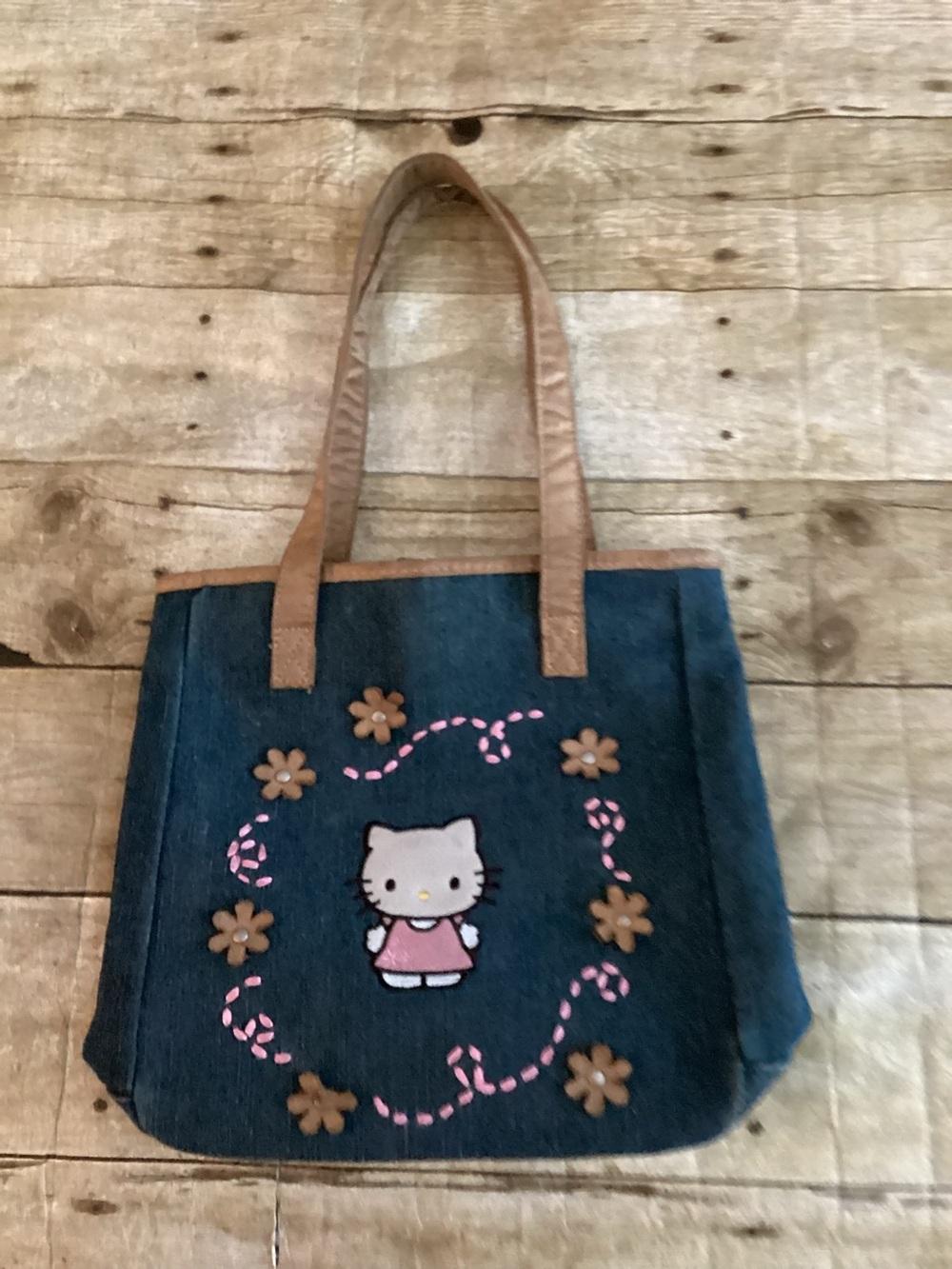 Denim Tote with Pink Accent and Brown Handles